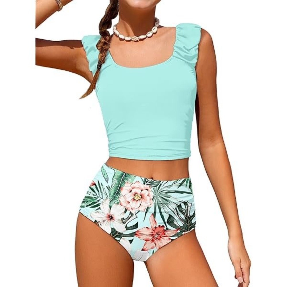 Girls Light Blue Tropical Floral Tankini Ruffle Twist Back Swimsuit Set 15-16Y - Picture 1 of 10